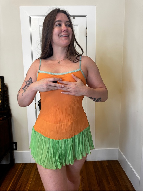 Vintage Dresses & Skirts - Y2K Vintage Sheer Citrus Mini Dress Orange & Mint Pleated Hem Fairy Dress Sz M